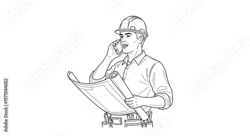 Construction worker on phone with blueprints.
