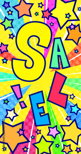 SALE文字入りの賑やかな集中線背景。カラフルな星が飛び出すポップなセールバナー。縦型スマホ用素材
