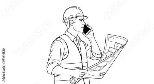 Construction worker on phone with blueprints.