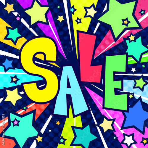 SALE文字入りの賑やかな集中線背景。カラフルな星が飛び出すポップなセールバナー。正方形素材