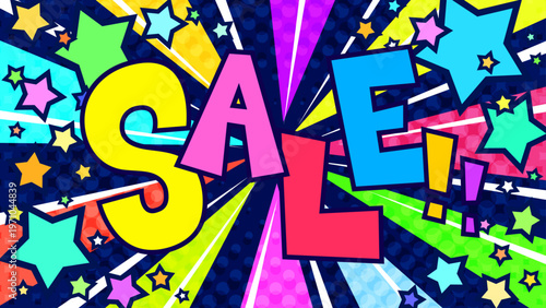 SALE文字入りの賑やかな集中線背景。カラフルな星が飛び出すポップなセールバナー。16:9素材