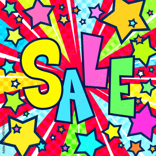SALE文字入りの賑やかな集中線背景。カラフルな星が飛び出すポップなセールバナー。正方形素材