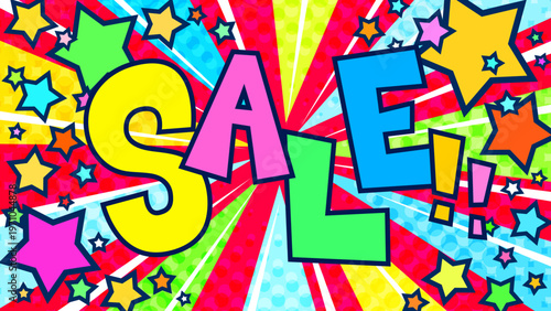 SALE文字入りの賑やかな集中線背景。カラフルな星が飛び出すポップなセールバナー。16:9素材