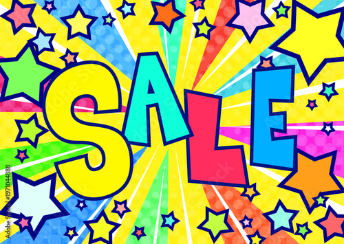 SALE文字入りの賑やかな集中線背景。カラフルな星が飛び出すポップなセールバナー。4:3素材