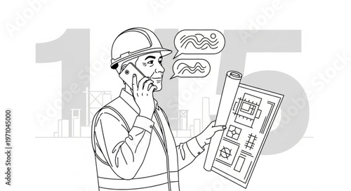Construction worker on phone with blueprints and safety gear.
