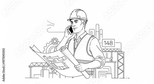 Construction worker on phone with blueprints at site.