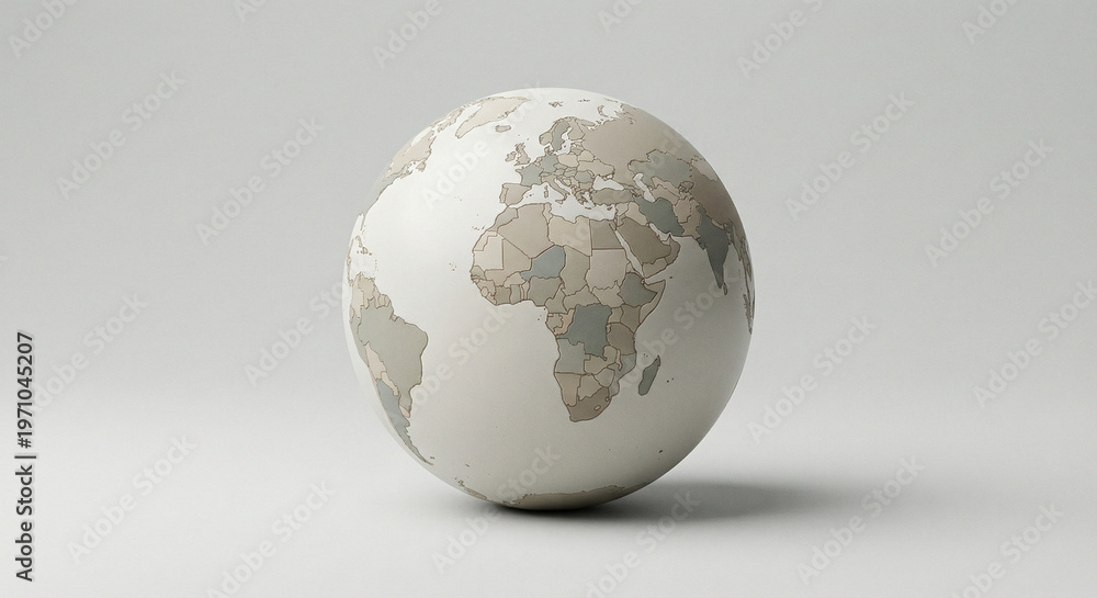 Fototapeta premium A 3D rendered globe showcasing the continents of Africa, Europe, and Asia with a light beige and white color scheme on a plain background.