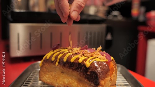 Chef’s hands adding fried onions on a vegetarian hot dog