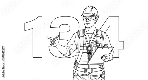 Construction worker pointing at numbers 134.
