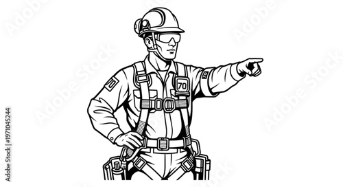 Construction worker pointing direction safety harness hard hat.