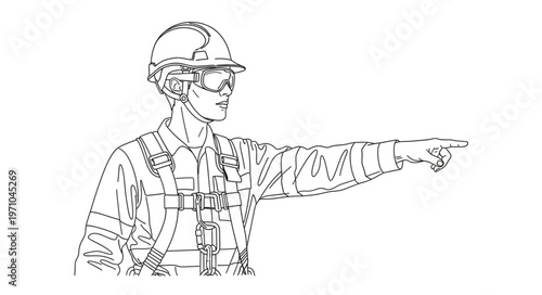 Construction worker pointing with arm and hand, wearing safety helmet.