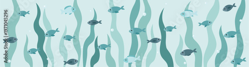 Underwater Seaweed Banner with Fish Calm Ocean Background for Marine Design Coastal Wallpaper Nursery Decor and Aquarium Theme