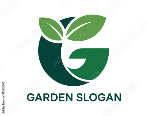 A green logo with a leafy design and garden slogan