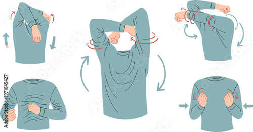 Upper Body Stretching Exercises Set Showing Arm, Shoulder and Chest Warm Up Movements with Arrows for Fitness Routine and Physical Therapy Illustration