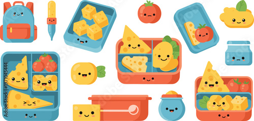 Cute Lunch Box Food Collection with Sandwiches, Cheese, Fruits and Snacks in Kawaii Style for Kids School Meal Illustration Design