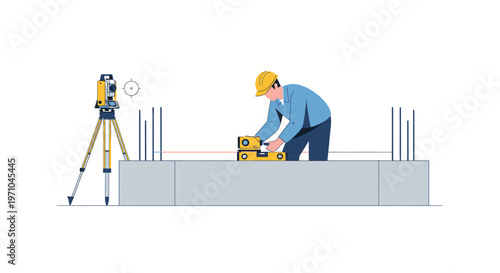 Civil Engineer Surveyor Measuring Concrete Foundation with Laser Leveling Equipment and Total Station Vector Illustration