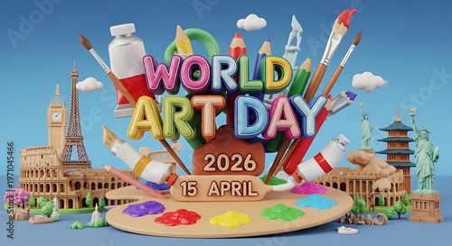 world art day 2026 celebration with global landmarks vector illustration