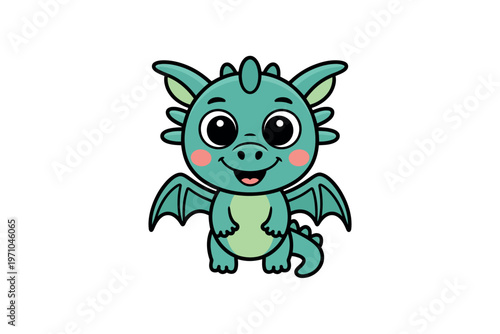 A cute cartoon dragon with big eyes and a happy face