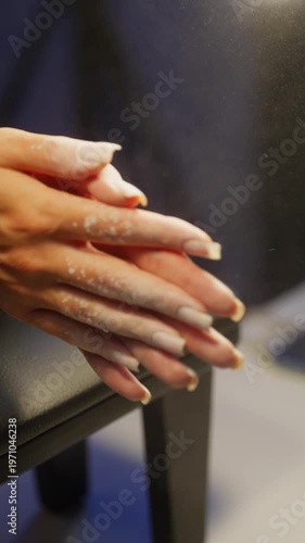 The client claps her hands to shake off the dust from the old material. High quality 4k footage