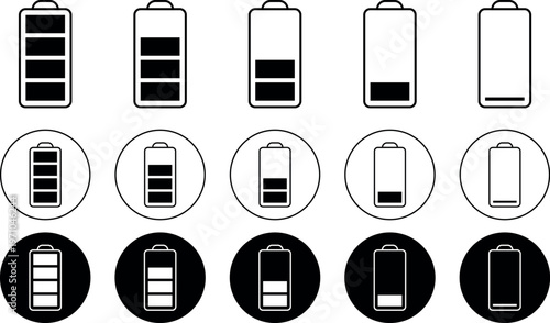 A collection of battery level indicator icons displayed in various styles and charge levels today.