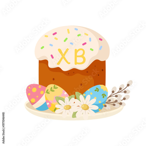 Traditional Orthodox Easter cake Kulich with painted eggs and willow branches.