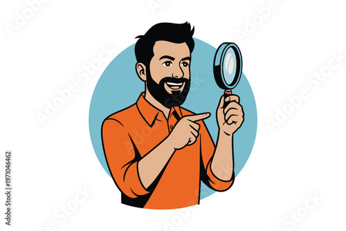 A cartoon man holding a magnifying glass and pointing forward