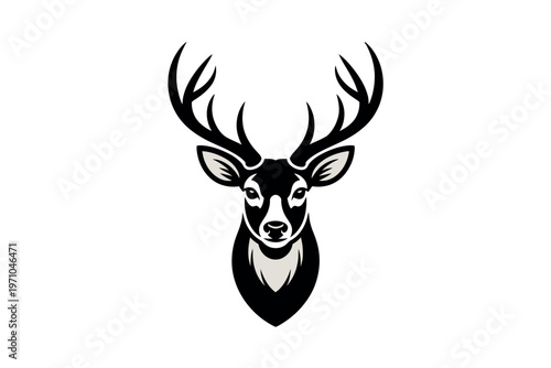 A black and white illustration of a deer head with antlers