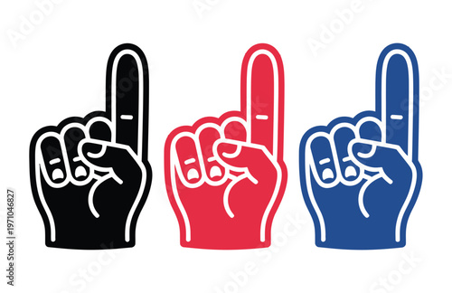 Three colorful foam fingers pointing up in a row