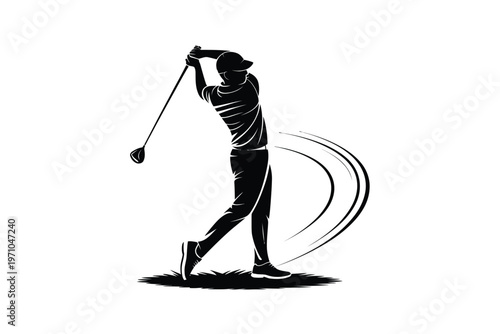 A golfer in a dynamic swing motion on the course