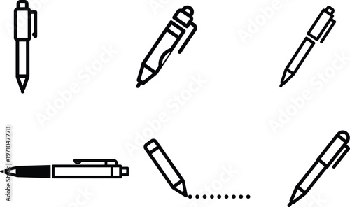 black and white illustration of various ballpoint pens in different positions and angles