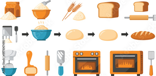 Bread Making Process Infographic Showing Ingredients Mixing, Dough Preparation, Proofing and Baking Stages with Kitchen Tools and Fresh Bakery Illustration