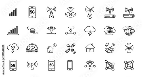 5G Technology Line Icons Set with Mobile Network Wifi and Fast Internet Vector