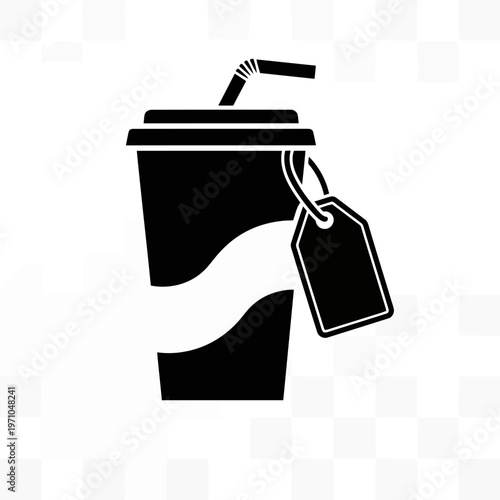 Refreshing Drink Silhouette with Tag: A minimalist monochrome depiction of a takeout beverage, complete with straw and a blank tag, invites visual storytelling and design flexibility.