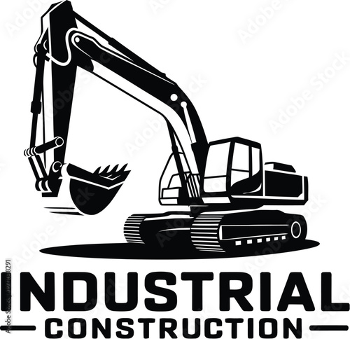 A black and white illustration of an excavator for industrial construction