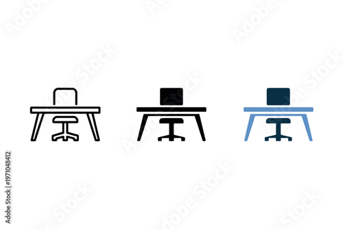 Three simple desk icons with office chairs on white background