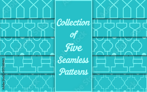 Elegant turquoise geometric vector backgrounds with oriental trellis motifs.