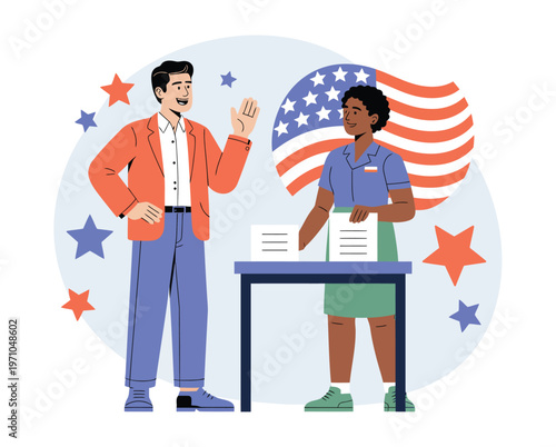 A man and a woman interact at a polling station during an election, with the American flag in the background, symbolizing civic engagement and the democratic process.