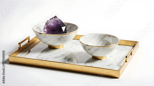 A white marble tray with gold trim holds two decorative bowls, one containing a sparkling purple stone isolated on white background
