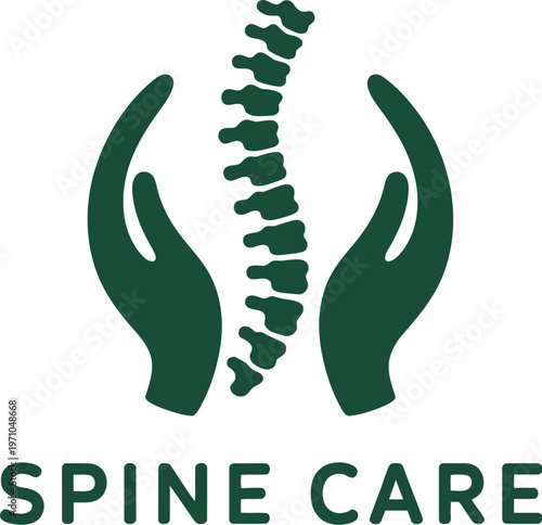 A green logo featuring hands cradling a spine for spine care