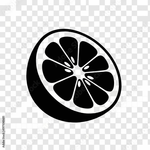 Juicy Citrus: A minimalist vector illustration showcases a cross-section of a vibrant citrus fruit, its juicy segments perfectly defined against a transparent backdrop.