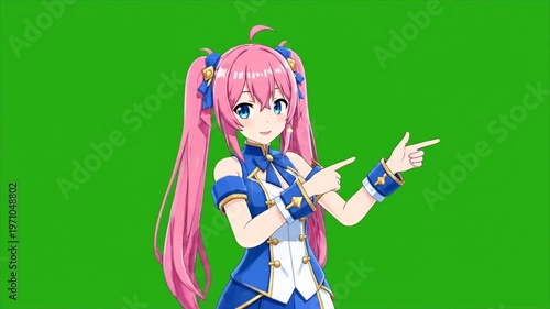 Animated Anime Girl Character Pointing Left on Green Screen Background