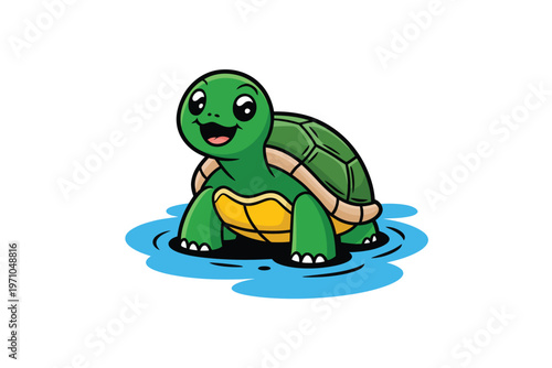 A cartoon turtle is sitting in a puddle of water smiling