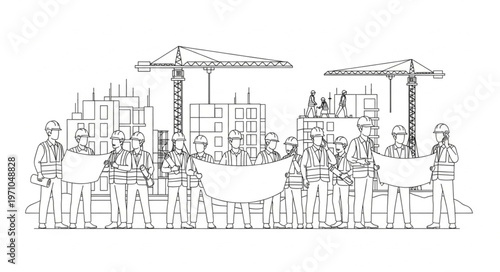 Construction workers protest with banners at building site.