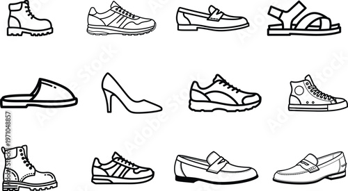 collection of various types of shoes for men and women in simple line art style