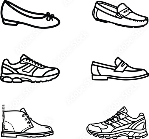 collection of various types of shoes in line art style