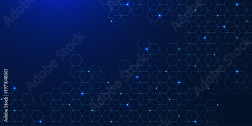 Abstract technology and science vector with futuristic hexagon pattern and glowing particles on dark blue background. Suitable for network connection, medical and research.