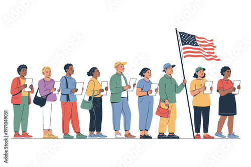 A diverse group of people stands in line, holding papers and a US flag, symbolizing civic engagement and the democratic process.