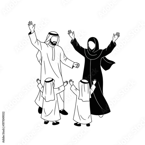 Arab family in traditional clothing dancing.