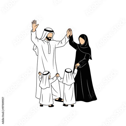 Arab family in traditional clothing standing.