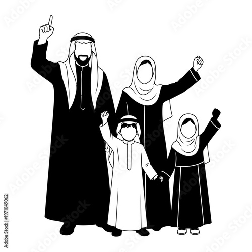 Arab family in traditional clothing standing.